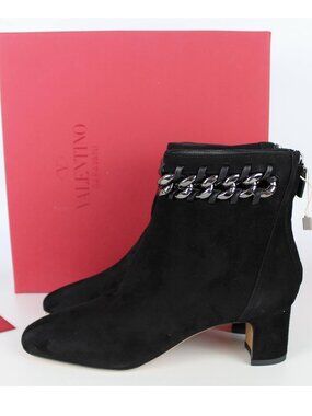 New VALENTINO Black Suede Chain Ankle Boots, EU 38, Runway Style Fall Winter